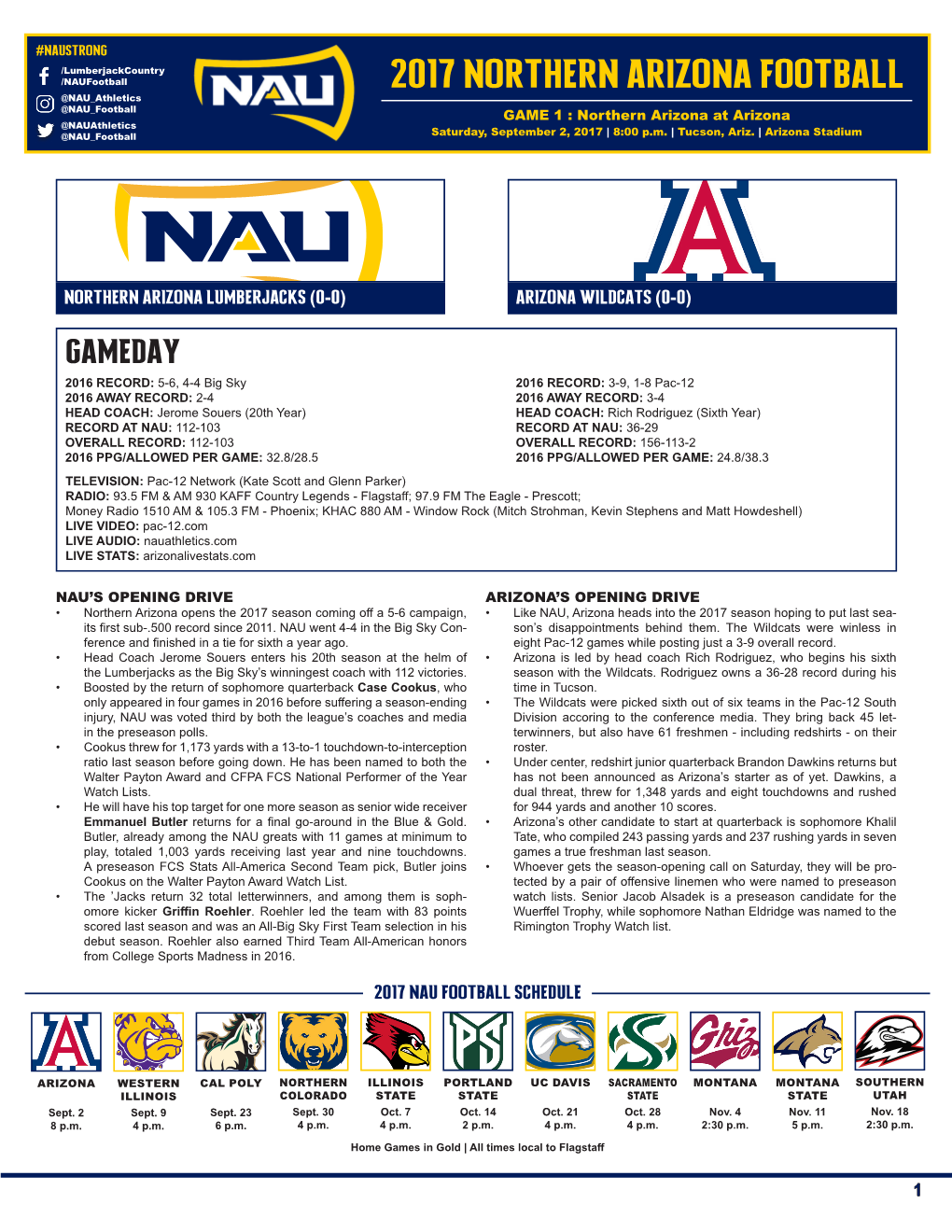 2017 NORTHERN ARIZONA FOOTBALL @NAU Athletics @NAU Football GAME 1 : Northern Arizona at Arizona @Nauathletics @NAU Football Saturday, September 2, 2017 | 8:00 P.M