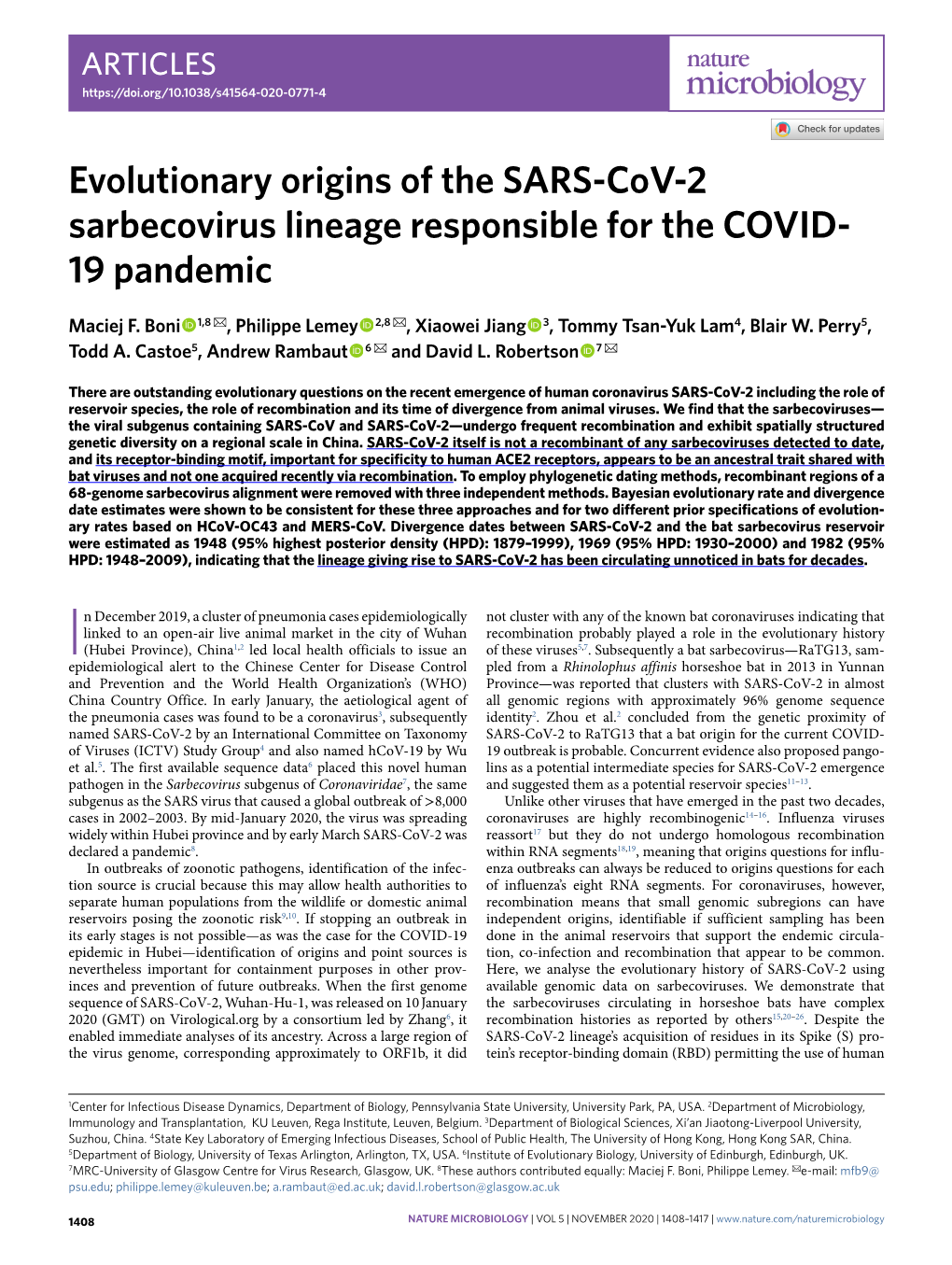 Evolutionary Origins of the SARS-Cov-2 Sarbecovirus Lineage Responsible for the COVID- 19 Pandemic