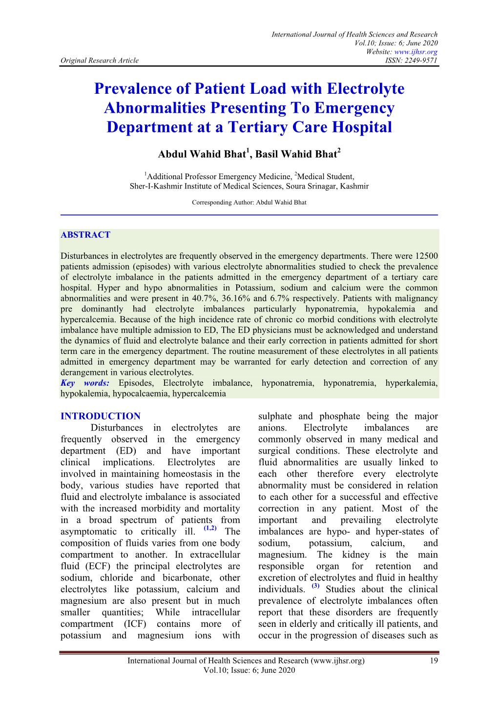 Prevalence of Patient Load with Electrolyte Abnormalities Presenting to Emergency Department at a Tertiary Care Hospital