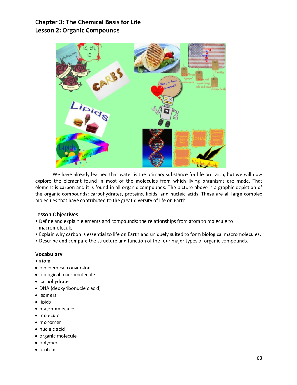 Chapter 3: the Chemical Basis for Life Lesson 2: Organic Compounds