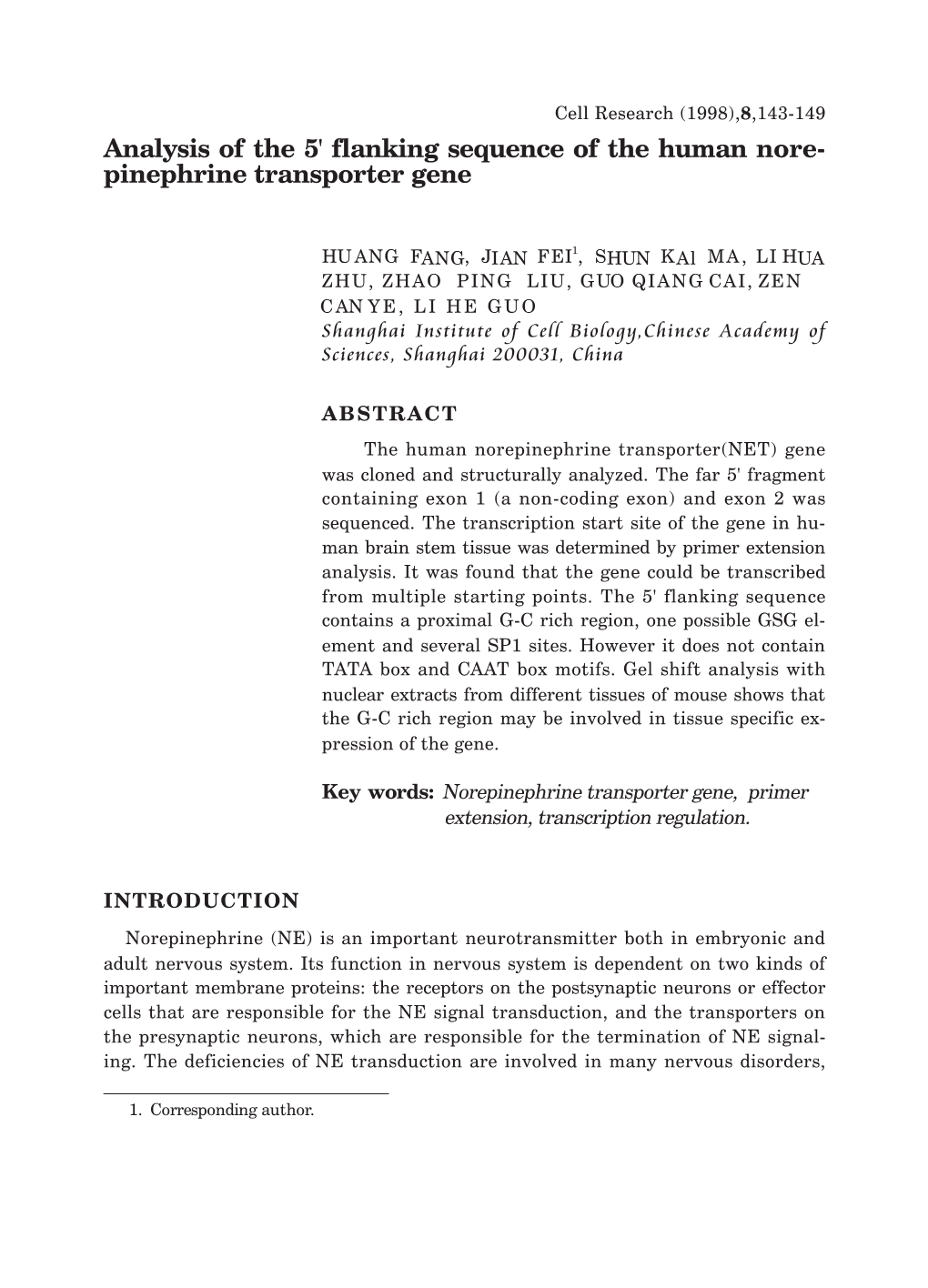 Analysis of the 5' Flanking Sequence of the Human Nore- Pinephrine Transporter Gene