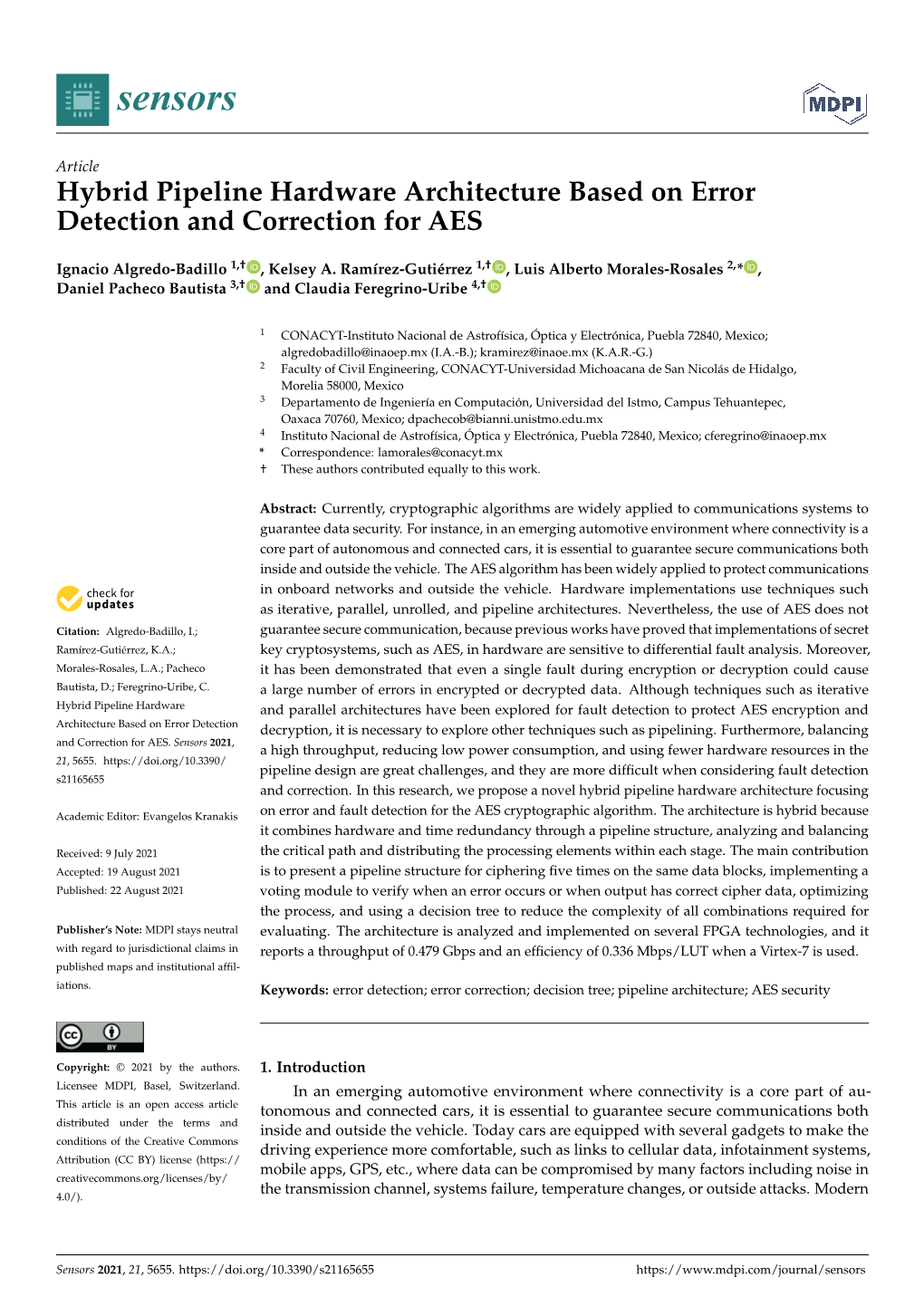 Hybrid Pipeline Hardware Architecture Based on Error Detection and Correction for AES