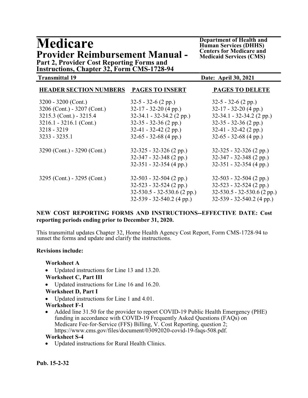 Provider Reimbursement Manual - Medicaid Services (CMS) Part 2, Provider Cost Reporting Forms and Instructions, Chapter 32, Form CMS-1728-94