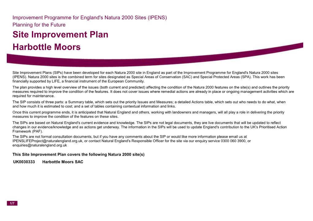 Site Improvement Plan Harbottle Moors