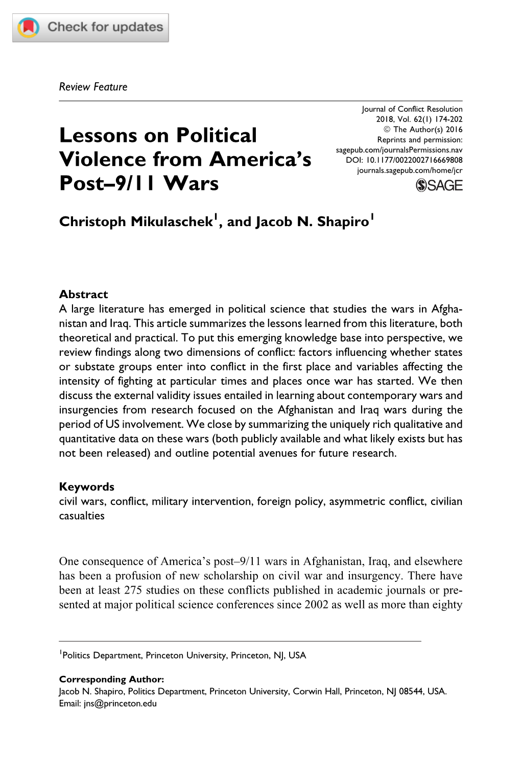 Lessons on Political Violence from America's Post–9/11 Wars