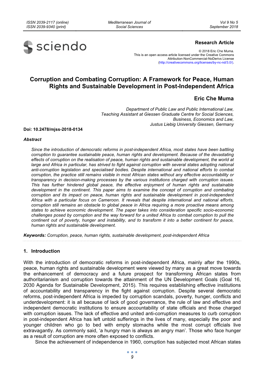 Corruption and Combating Corruption: a Framework for Peace, Human Rights and Sustainable Development in Post-Independent Africa