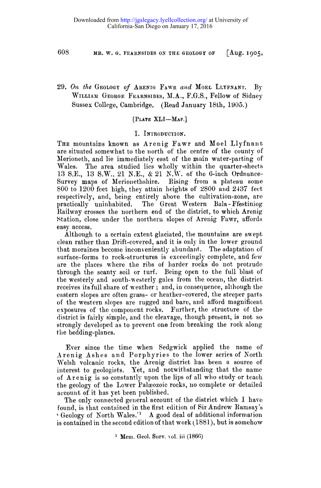 Aug. 19O 5, 29. on the GEOLOGY of ARENIG FAWR A~*D MOEL L~.Y:F