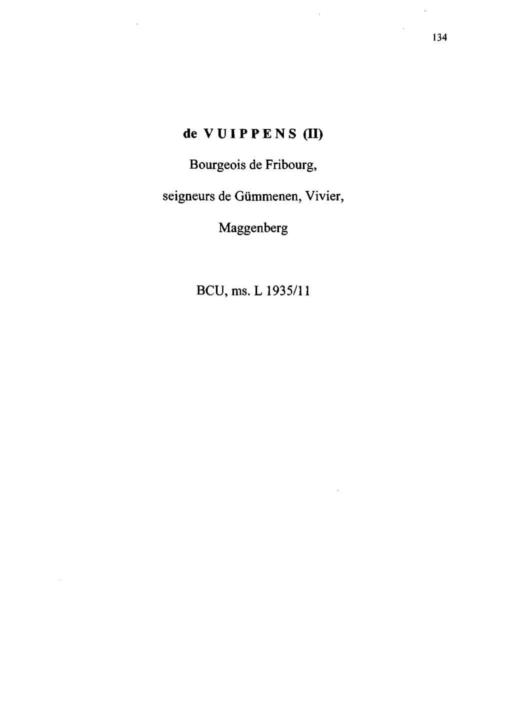 De VUIPPENS (II) Bourgeois De Fribourg, Seigneurs De Gummenen