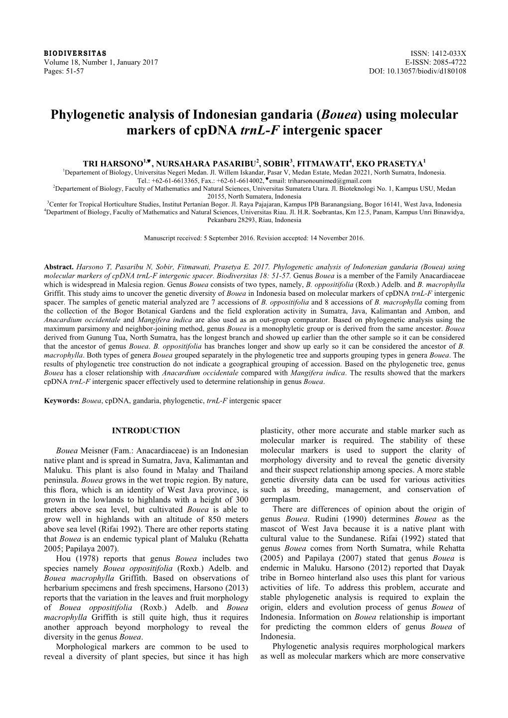 Bouea) Using Molecular Markers of Cpdna Trnl-F Intergenic Spacer