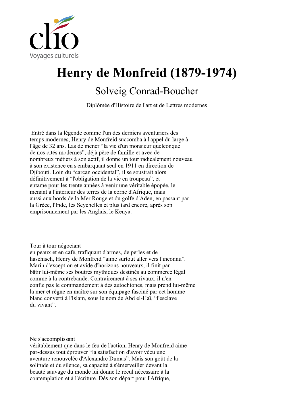 Henry De Monfreid (1879-1974) Solveig Conrad-Boucher Diplômée D'histoire De L'art Et De Lettres Modernes