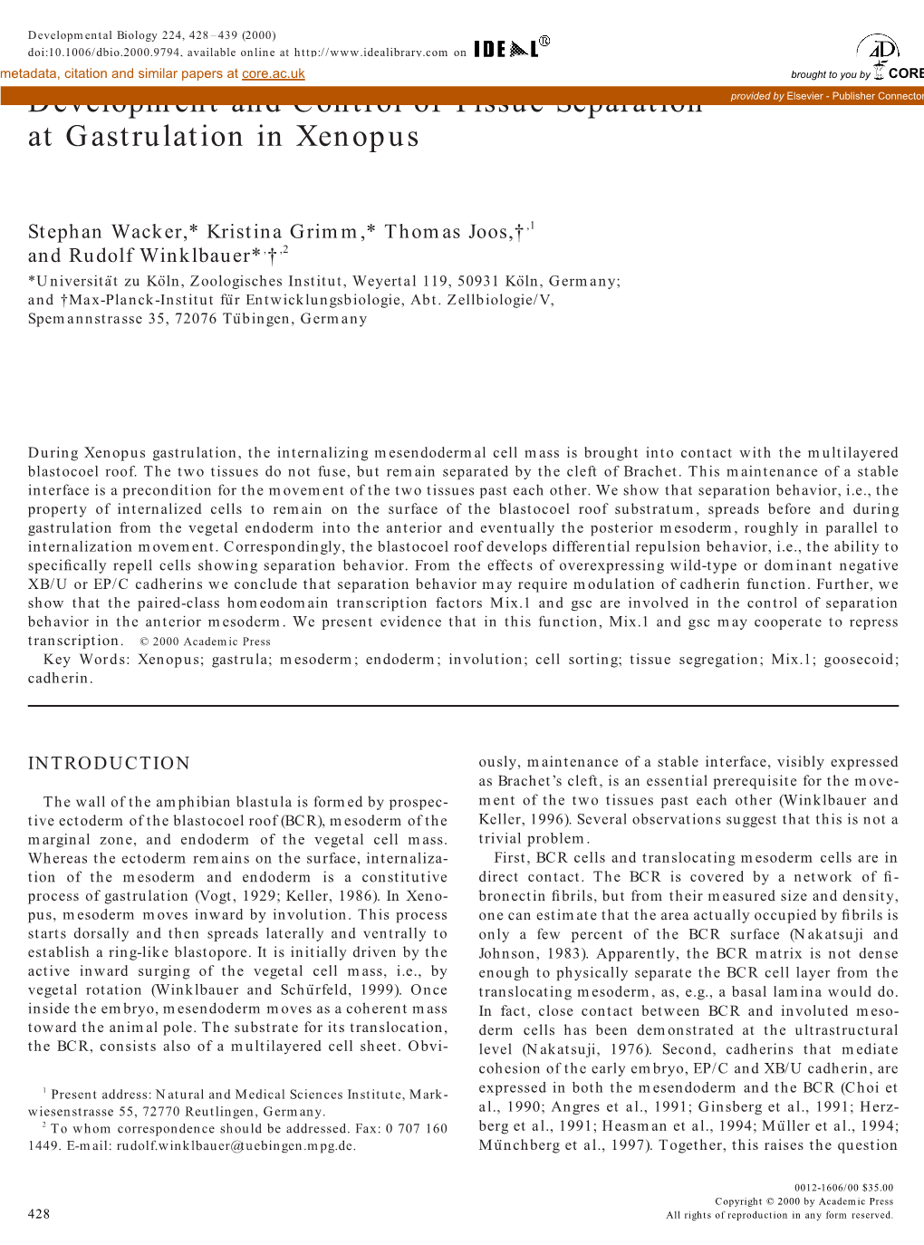 Development and Control of Tissue Separation at Gastrulation in Xenopus