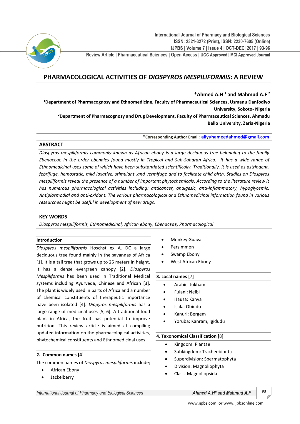 Pharmacological Activities of Diospyros Mespiliformis: a Review