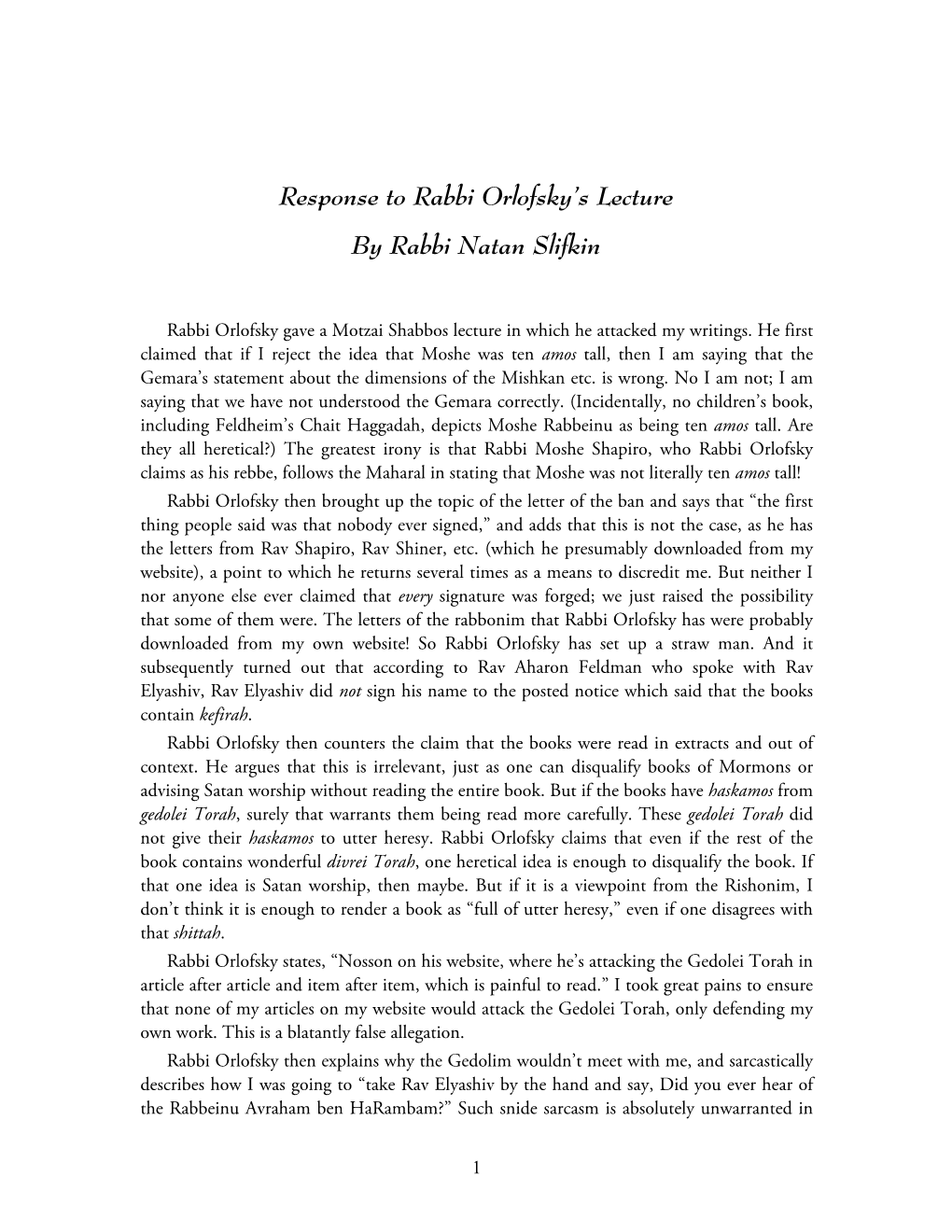 Response to Rabbi Orlofsky's Lecture by Rabbi Natan Slifkin
