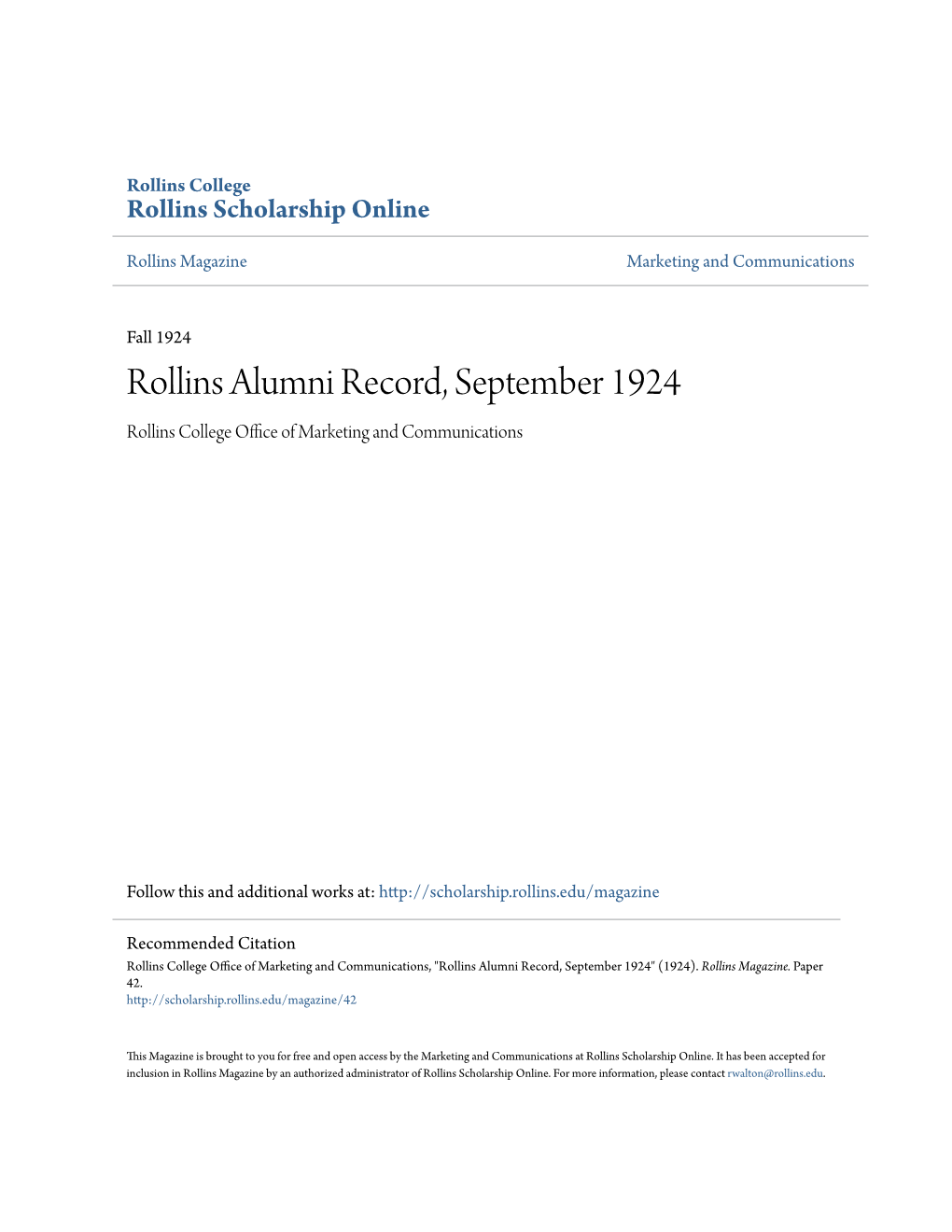 Rollins Alumni Record, September 1924 Rollins College Office Ofa M Rketing and Communications