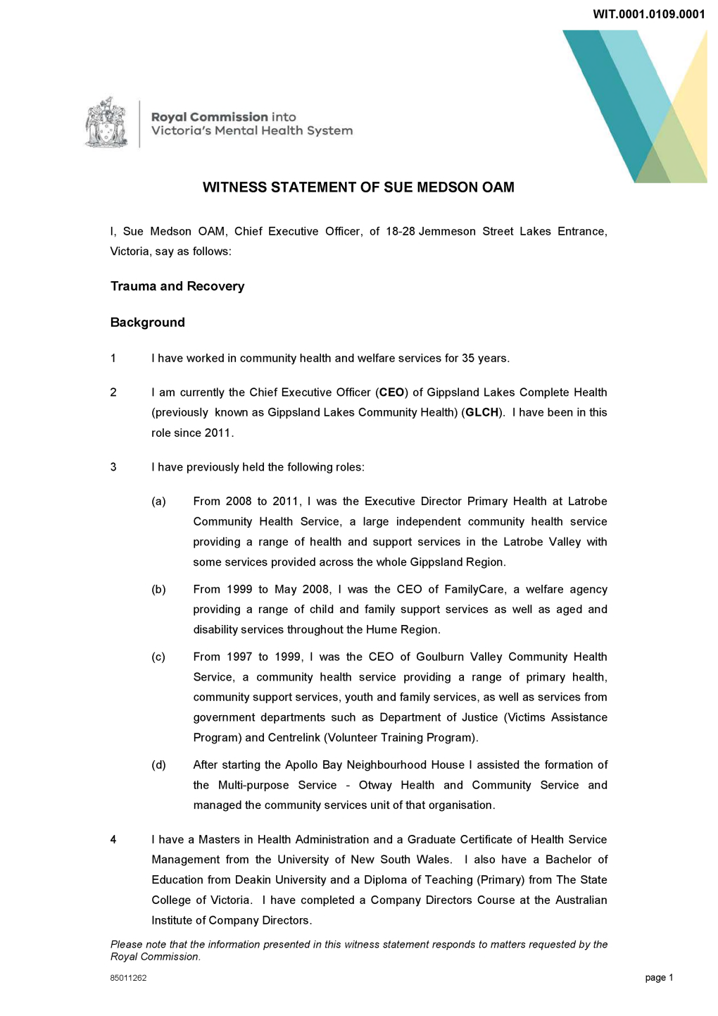 Witness Statement of Sue Medson Oam