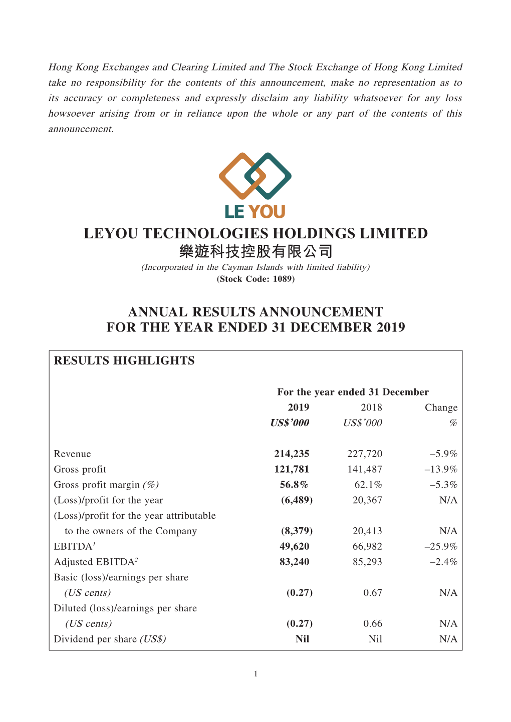 LEYOU TECHNOLOGIES HOLDINGS LIMITED 樂遊科技控股有限公司 (Incorporated in the Cayman Islands with Limited Liability) (Stock Code: 1089)