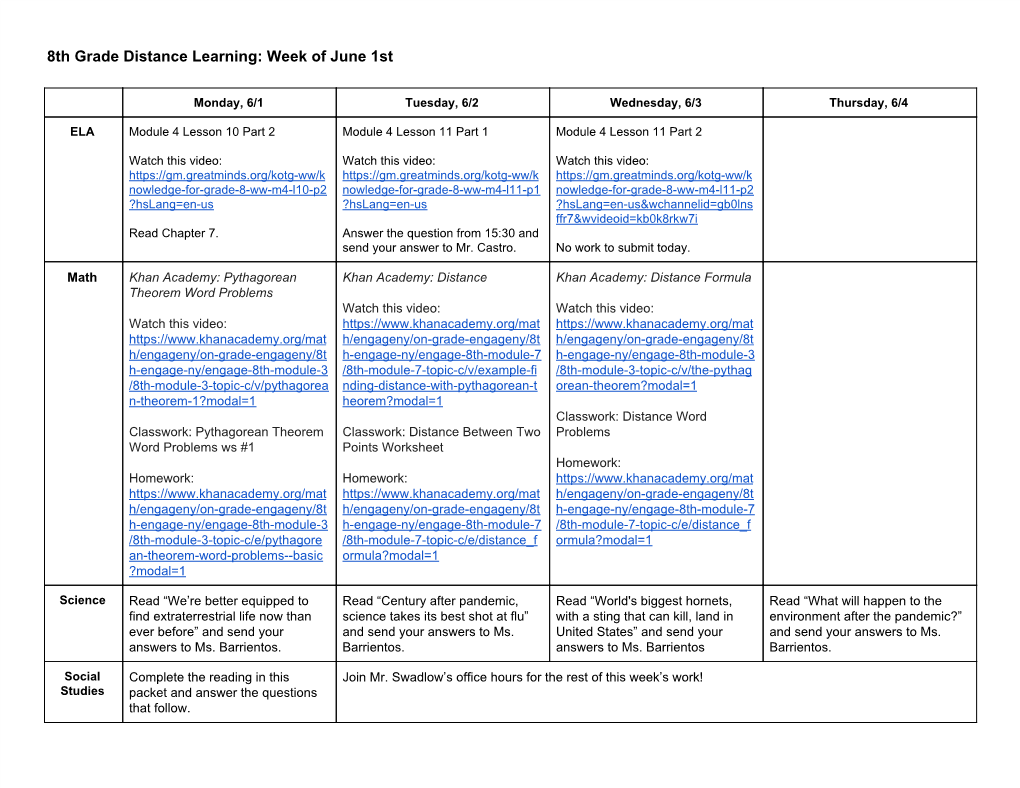 8Th Grade Distance Learning: Week of June 1St