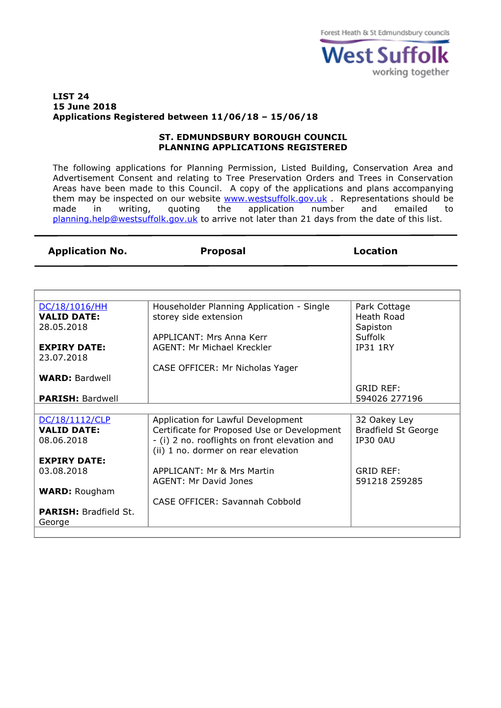 SEBC Planning Applications 24/18