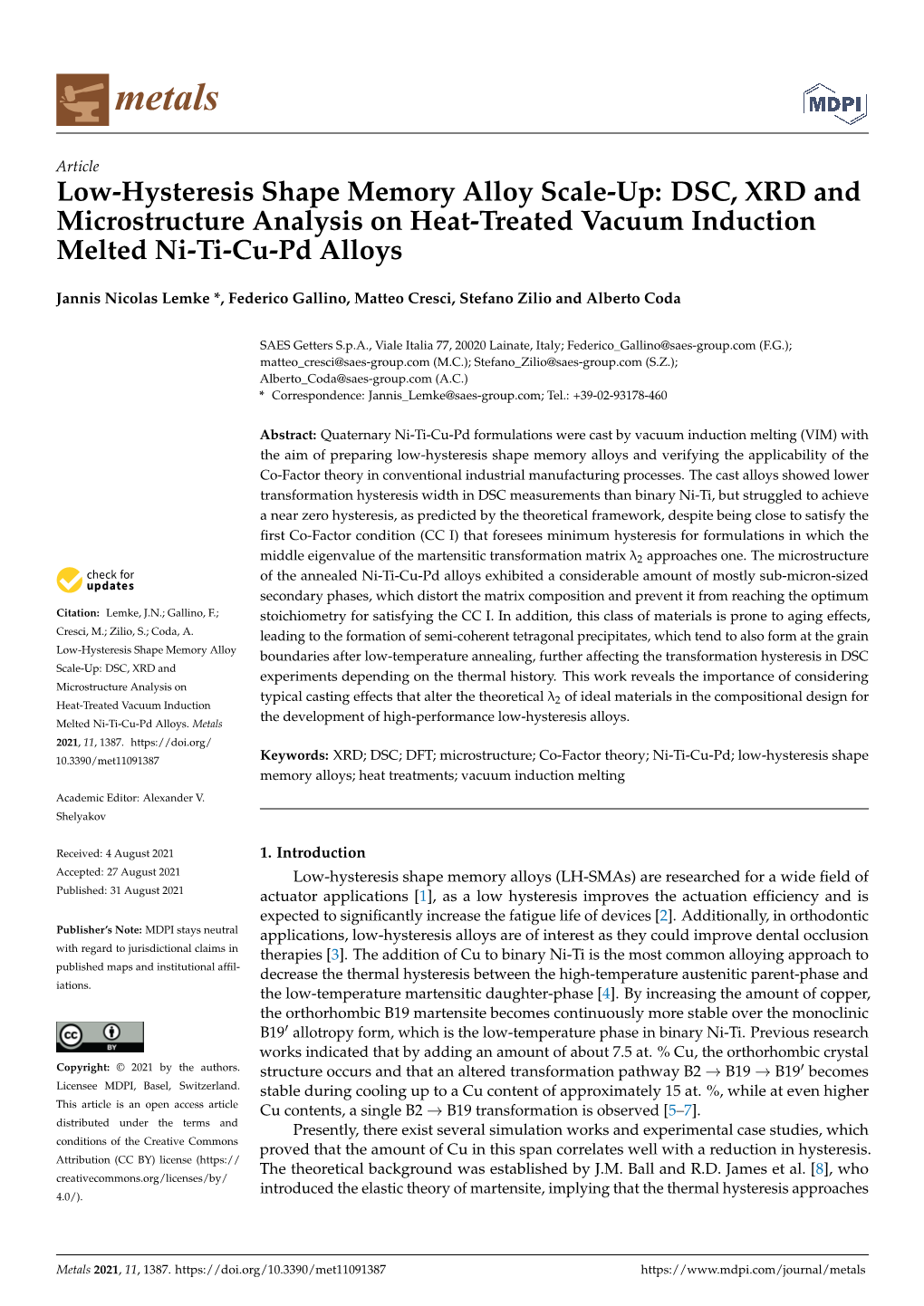 Low-Hysteresis Shape Memory Alloy Scale-Up: DSC, XRD and Microstructure Analysis on Heat-Treated Vacuum Induction Melted Ni-Ti-Cu-Pd Alloys