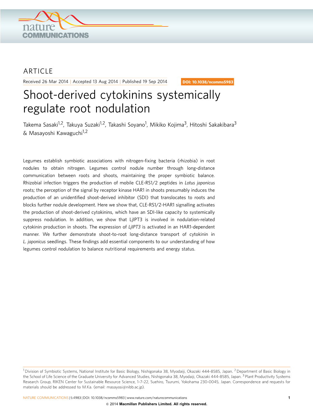 Shoot-Derived Cytokinins Systemically Regulate Root Nodulation