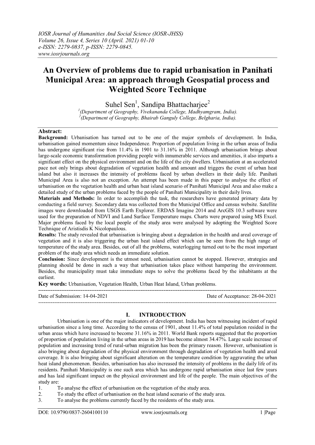 An Overview of Problems Due to Rapid Urbanisation in Panihati Municipal Area: an Approach Through Geospatial Process and Weighted Score Technique