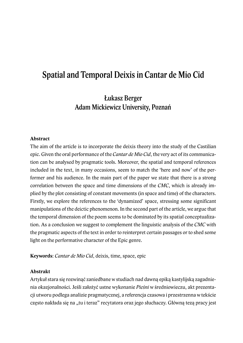 Spatial and Temporal Deixis in Cantar De Mio Cid