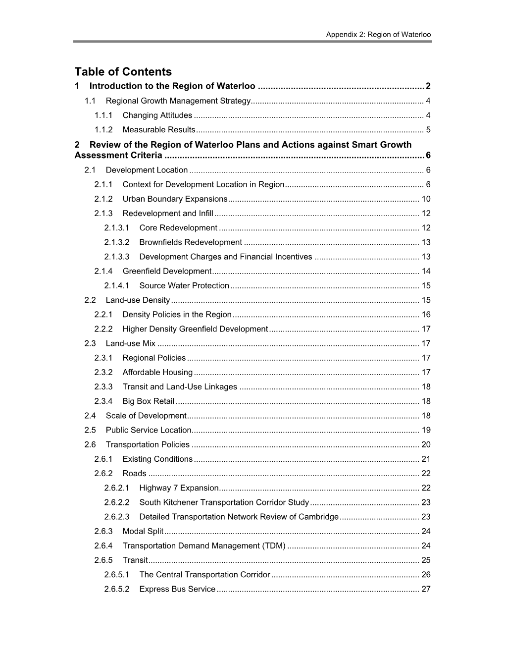 Table of Contents 1 Introduction to the Region of Waterloo