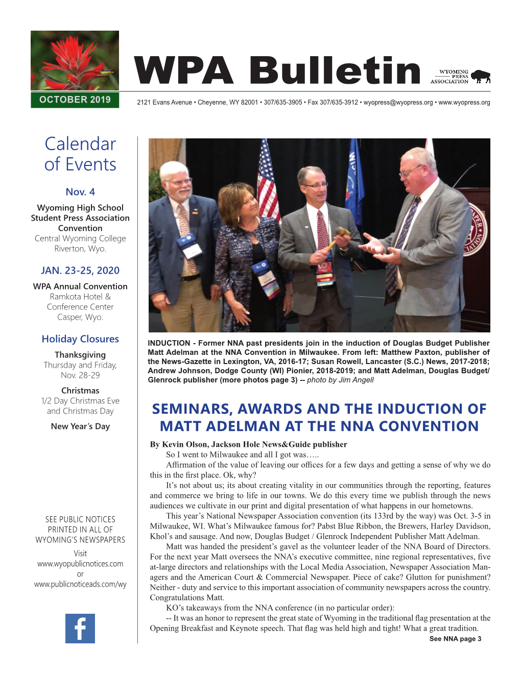 WPA Bulletin OCTOBER 2019 2121 Evans Avenue • Cheyenne, WY 82001 • 307/635-3905 • Fax 307/635-3912 • Wyopress@Wyopress.Org •