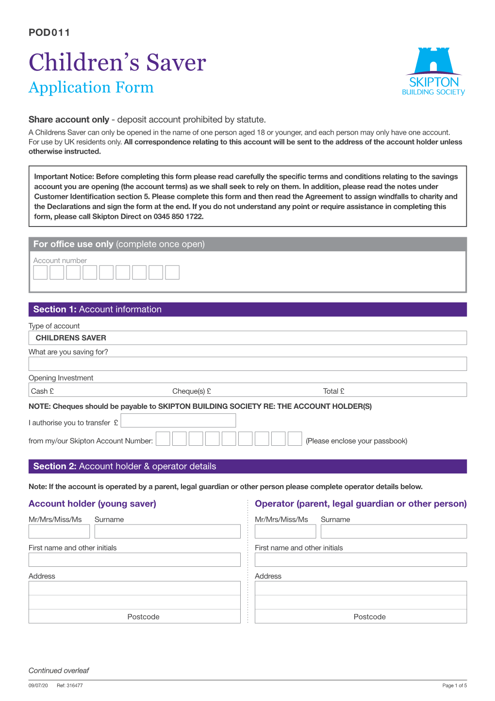 Children's Saver Application Form