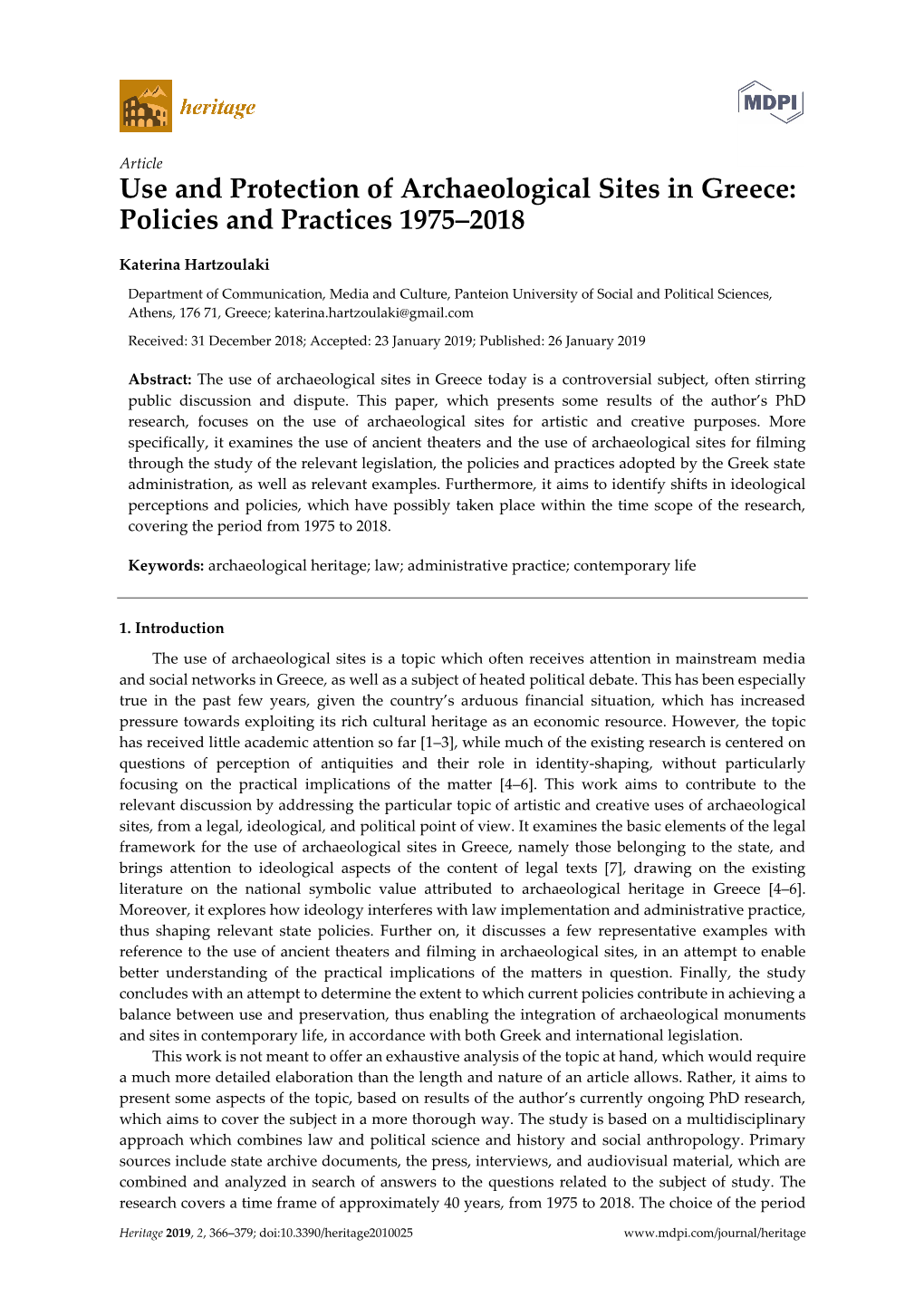 Use and Protection of Archaeological Sites in Greece: Policies and Practices 1975–2018