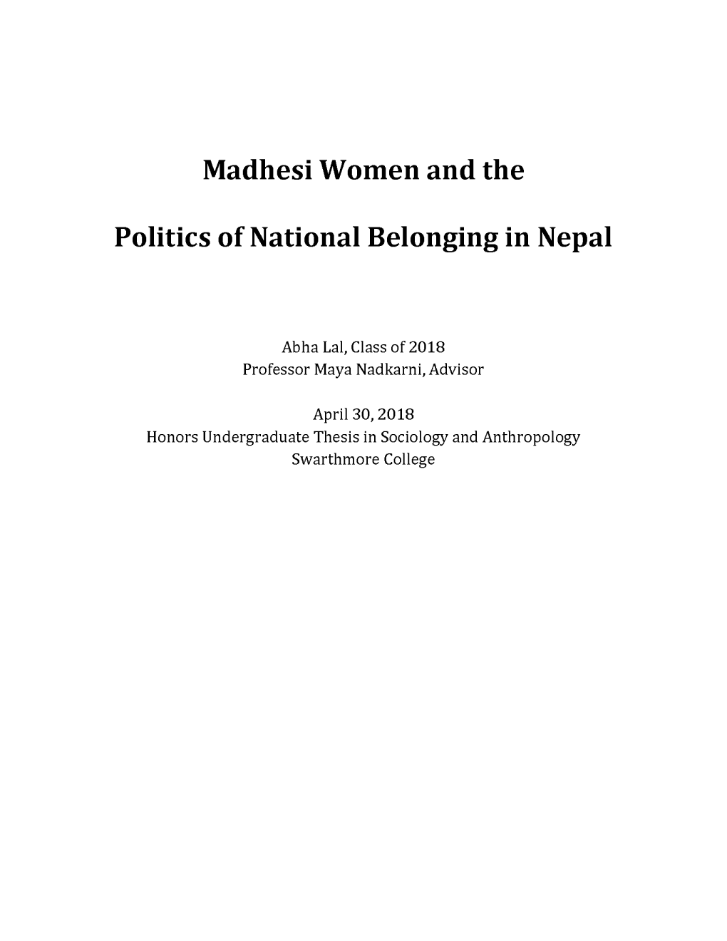 Madhesi Women and the Politics of National Belonging in Nepal