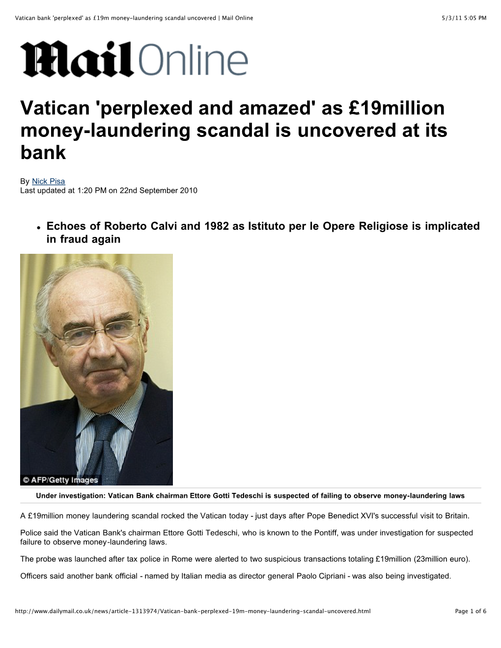 Vatican Bank 'Perplexed' As £19M Money-Laundering Scandal Uncovered | Mail Online 5/3/11 5:05 PM
