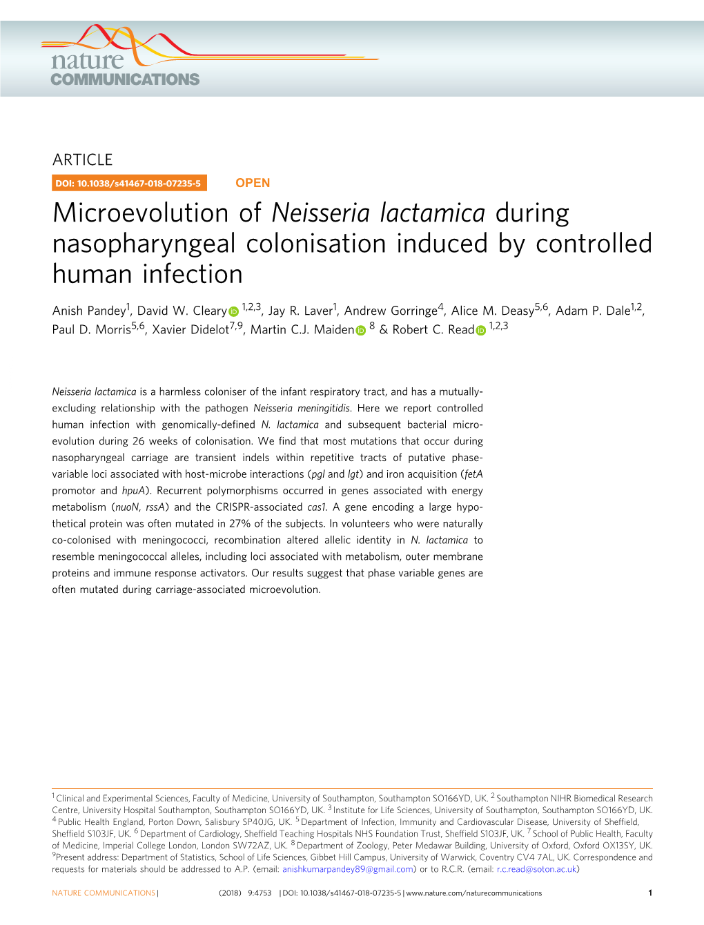 Microevolution of Neisseria Lactamica During Nasopharyngeal Colonisation Induced by Controlled Human Infection