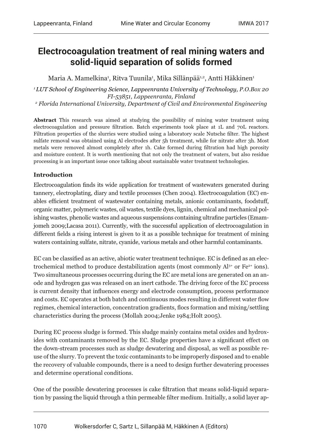 Electrocoagulation Treatment of Real Mining Waters and Solid-Liquid Separation of Solids Formed