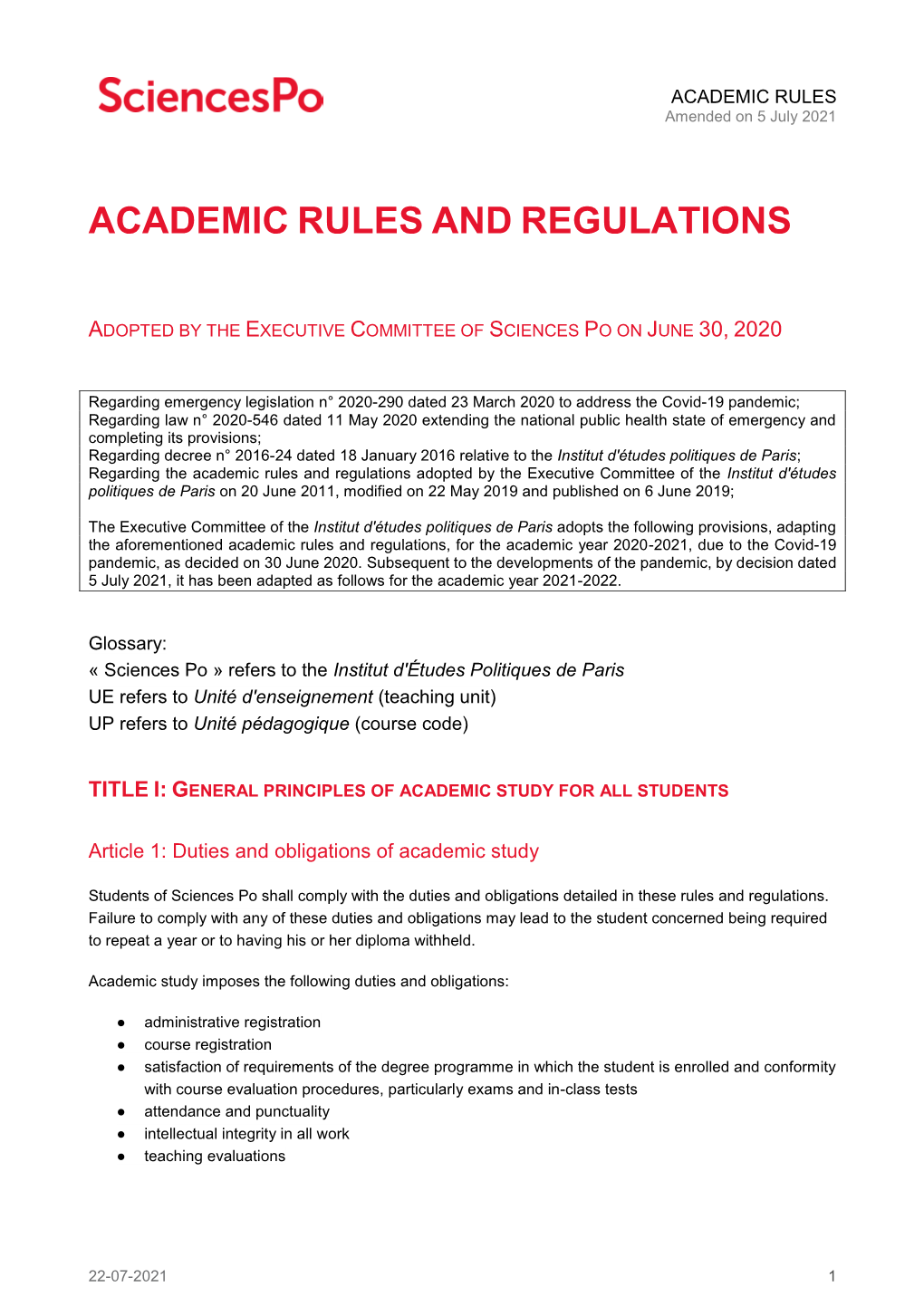 Academic Rules, Amended on 5 July 2021