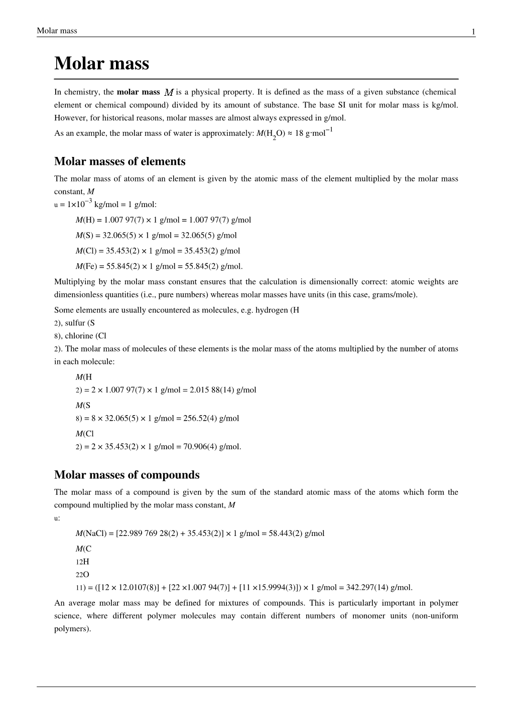 Molar Mass 1 Molar Mass