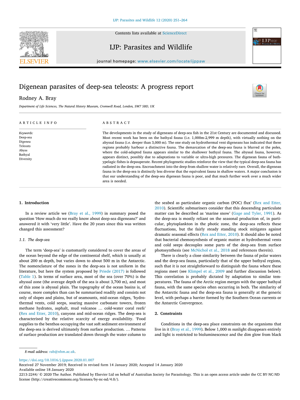 Digenean Parasites of Deep-Sea Teleosts a Progress Report