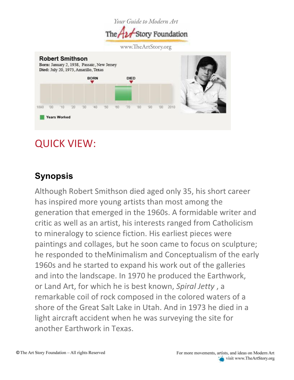 Robert Smithson Died Aged Only 35, His Short Career Has Inspired More Young Artists Than Most Among the Generation That Emerged in the 1960S