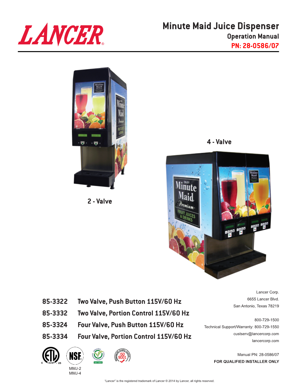 Minute Maid Juice Dispenser Operation Manual PN: 28-0586/07