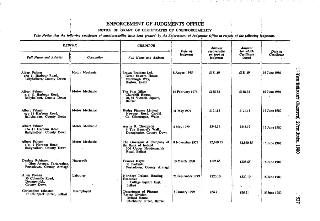 ) ENFORCEMENT of JUDGMENTS OFFICE I [ , NOTICE of GRANT of CERTIFICATES of UNENFORCEABIIJTY