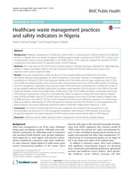 Healthcare Waste Management Practices and Safety Indicators in Nigeria Abayomi Samuel Oyekale1* and Tolulope Olayemi Oyekale2