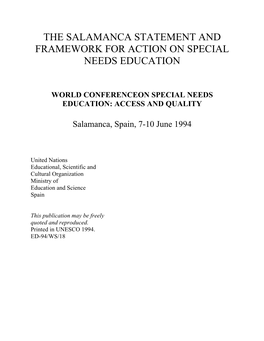 The Salamanca Statement and Framework for Action on Special Needs Education