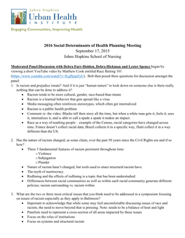 2016 Social Determinants of Health Planning Meeting September 17, 2015 Johns Hopkins School of Nursing