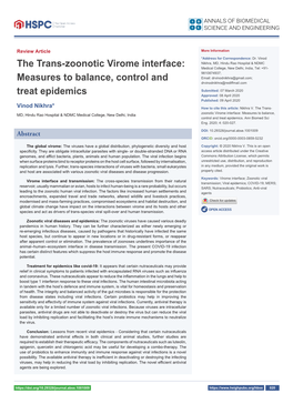 The Trans-Zoonotic Virome Interface: Measures to Balance, Control and Treat Epidemics
