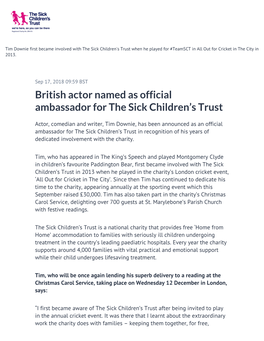 British Actor Named As Official Ambassador for the Sick Children’S Trust