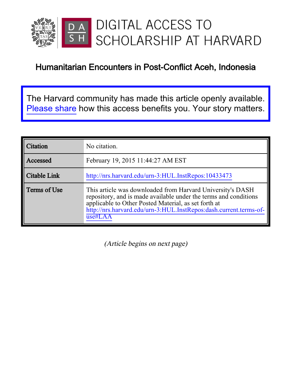 Humanitarian Encounters in Post-Conflict Aceh, Indonesia The