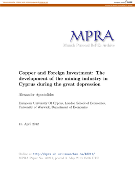 Copper and Foreign Investment: the Development of the Mining Industry in Cyprus During the Great Depression