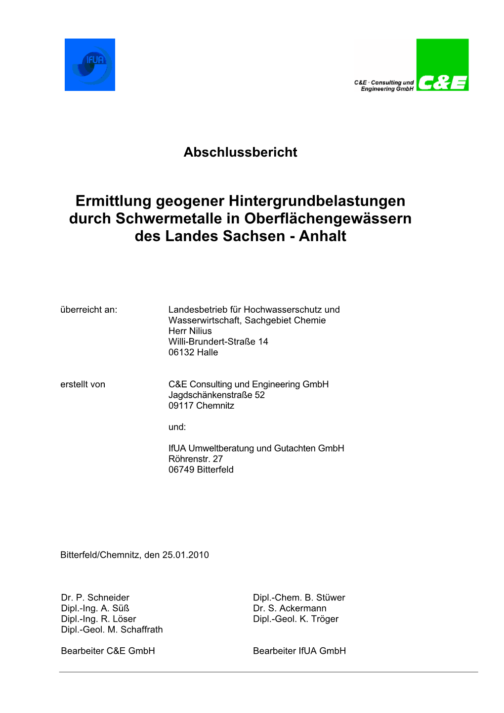 Ermittlung Geogener Hintergrundbelastungen Durch Schwermetalle in Oberflächengewässern Des Landes Sachsen - Anhalt