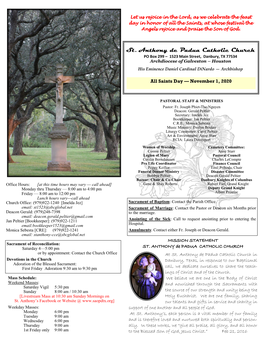 St. Anthony De Padua Catholic Church PO Box 299 – 1523 Main Street, Danbury, TX 77534 Archdiocese of Galveston – Houston