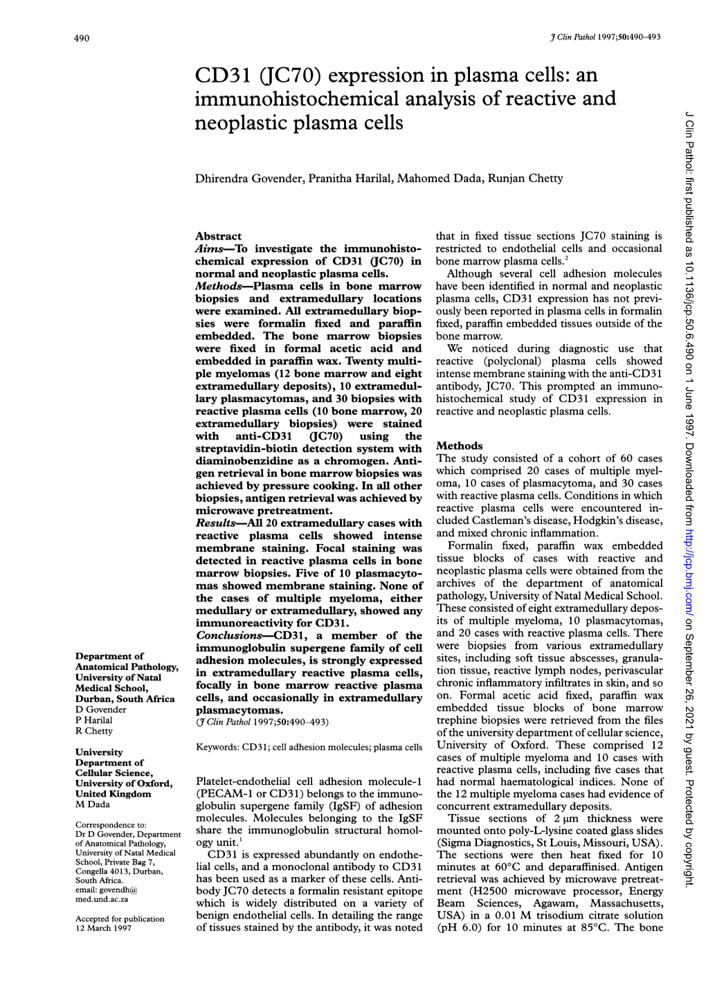 CD31 JC70) Expression in Plasma Cells